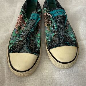 Ed Hardy Women's Teal and Black Graphic Sneakers
